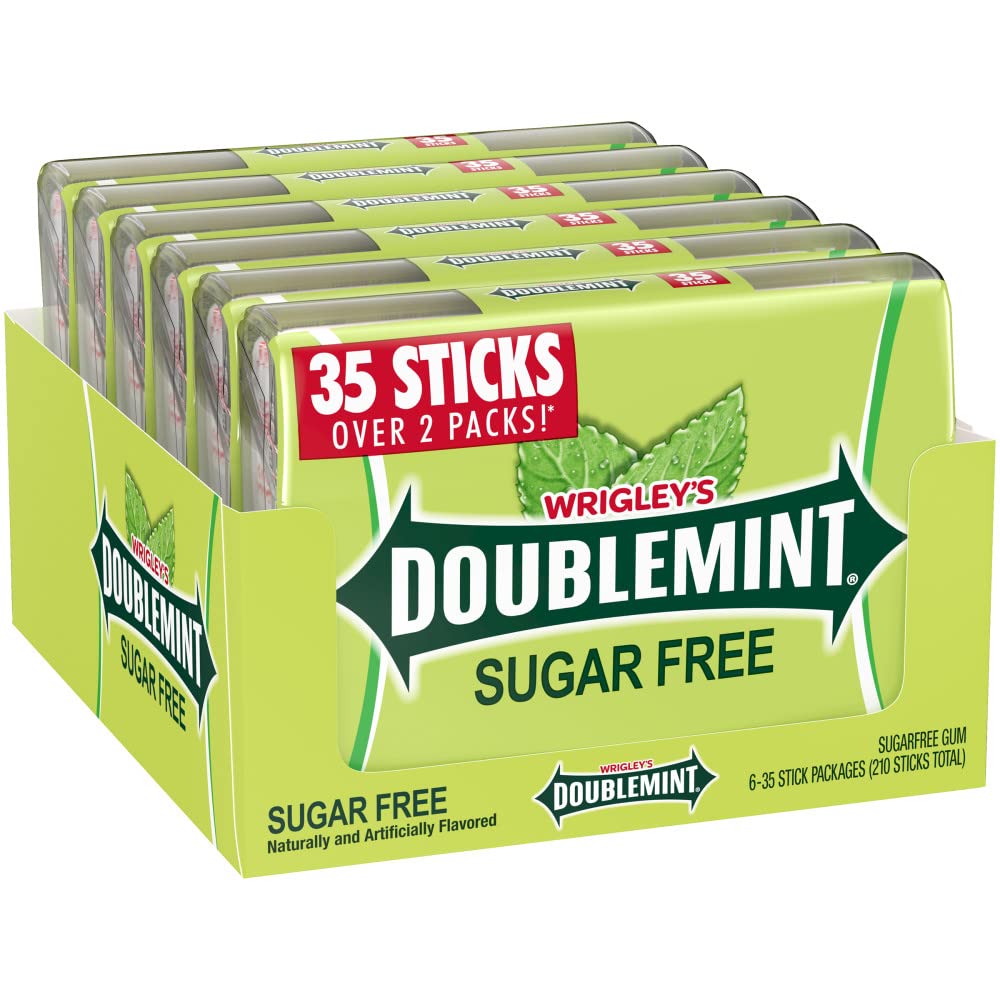 Doublemint mega pack front view with six 35-stick mint gum packs for on-the-go refreshment