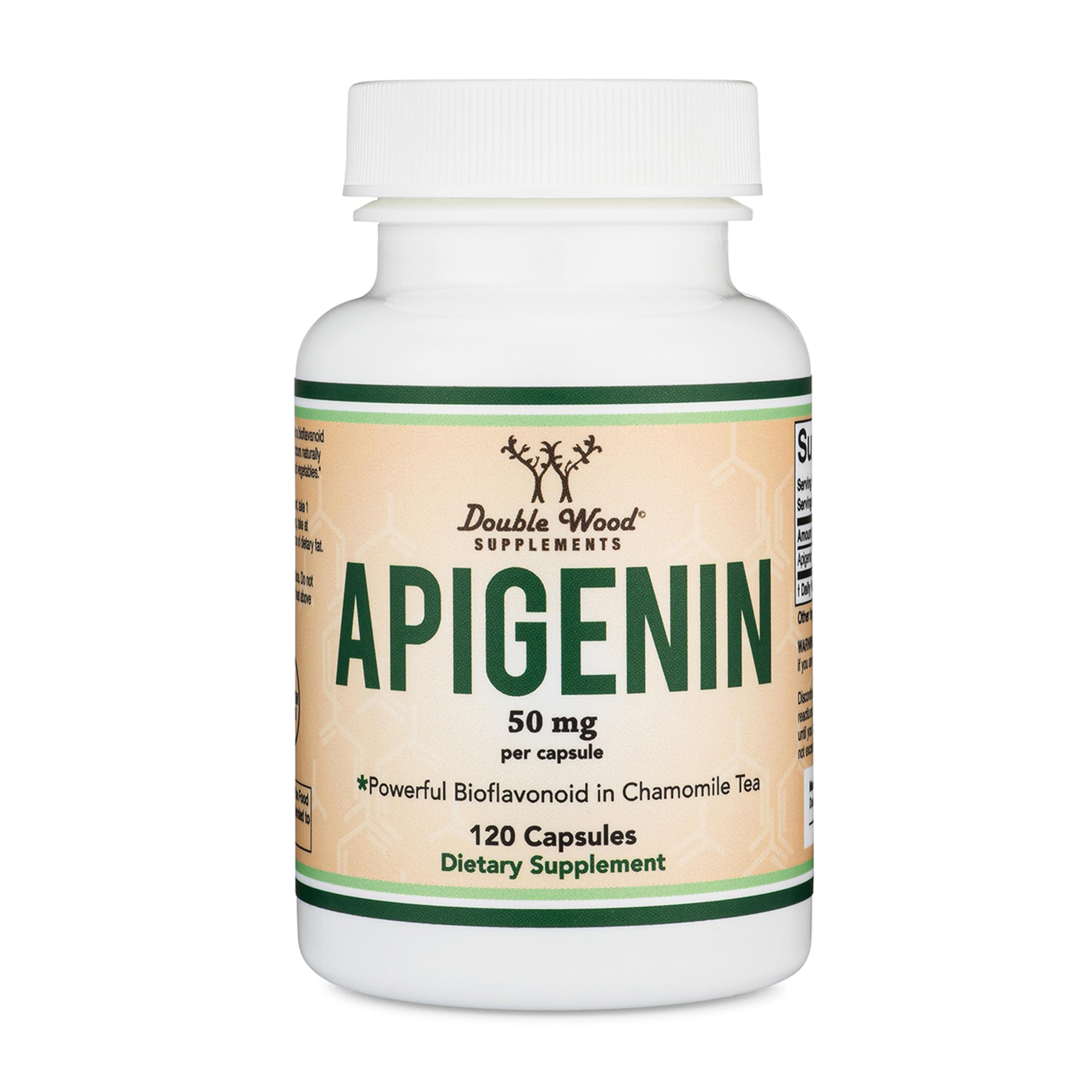 Double Wood Apigenin 50mg capsules in bottle promoting relaxation and night calm.