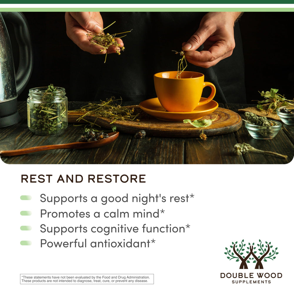 Double Wood Apigenin bottle label showing gluten-free supplement for sleep support.