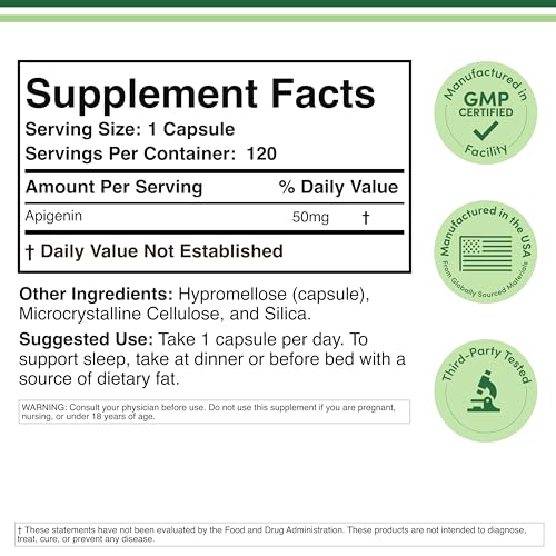 Closeup of Double Wood Apigenin capsules highlighting 50 mg potency for daily wellness.