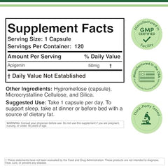 Closeup of Double Wood Apigenin capsules highlighting 50 mg potency for daily wellness.