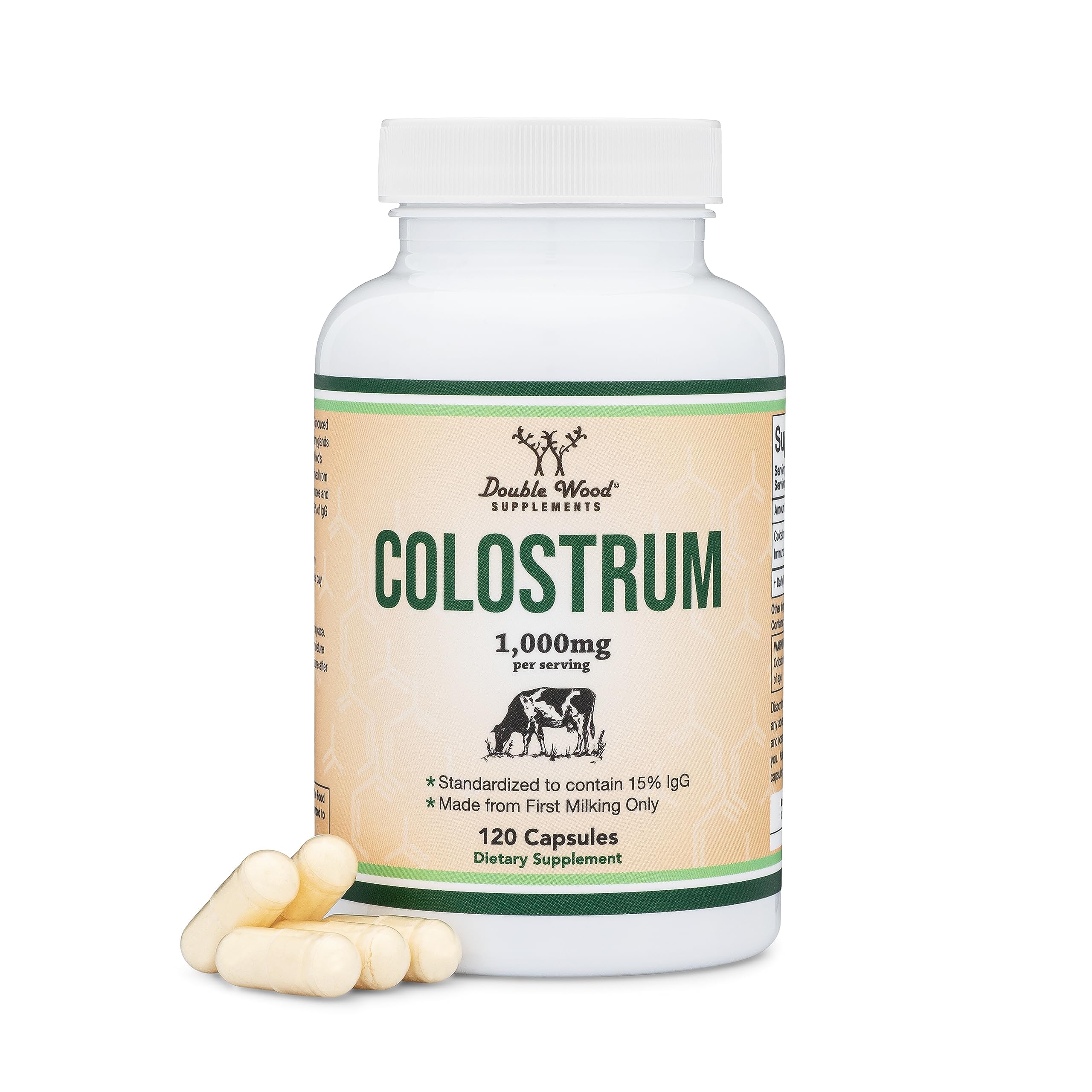 Double Wood Colostrum bottle label highlights purity and quality for daily wellness.