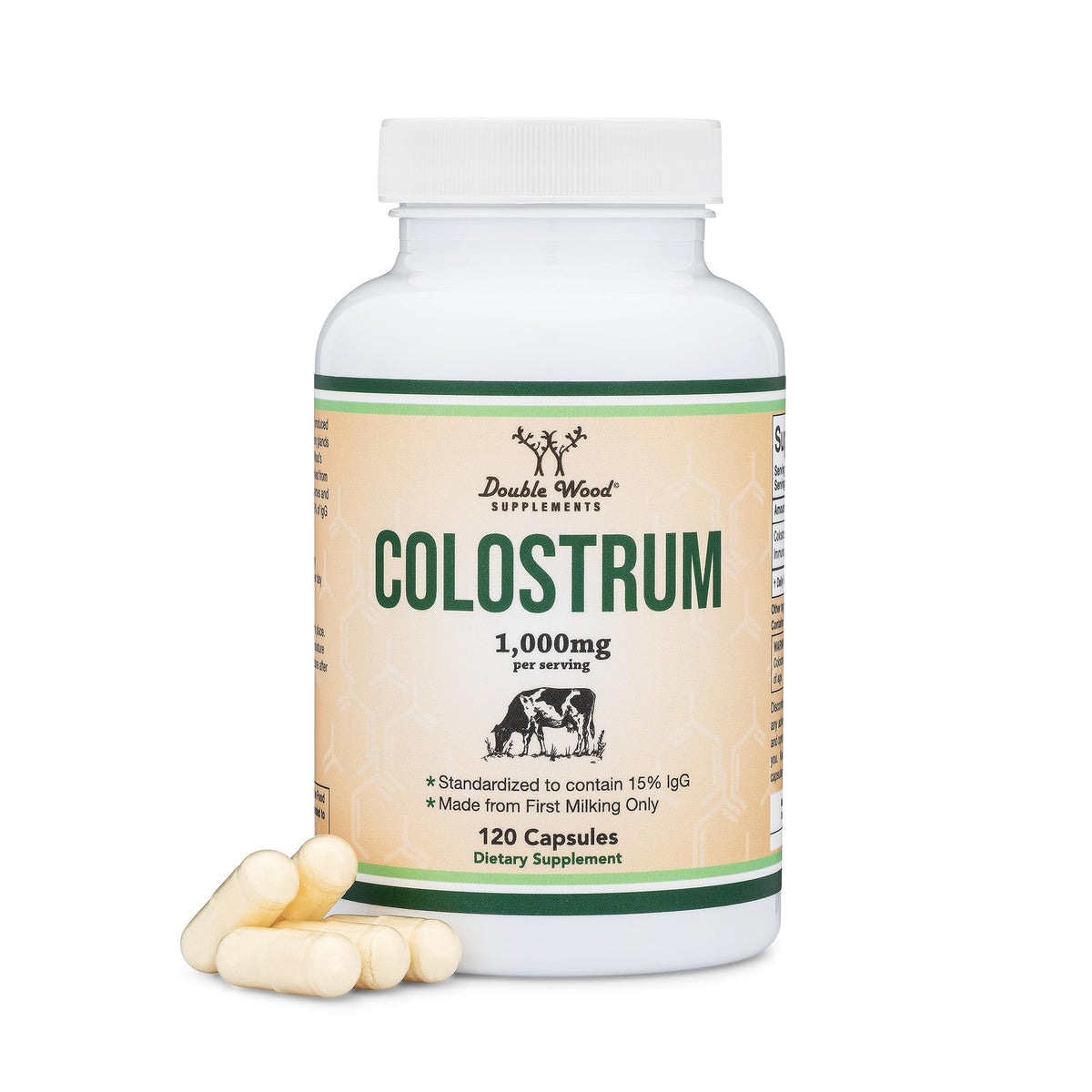 Double Wood Colostrum bottle label highlights purity and quality for daily wellness.