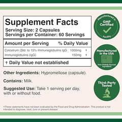 Double Wood Colostrum capsules closeup emphasizing 1,000 mg servings for consistent use.