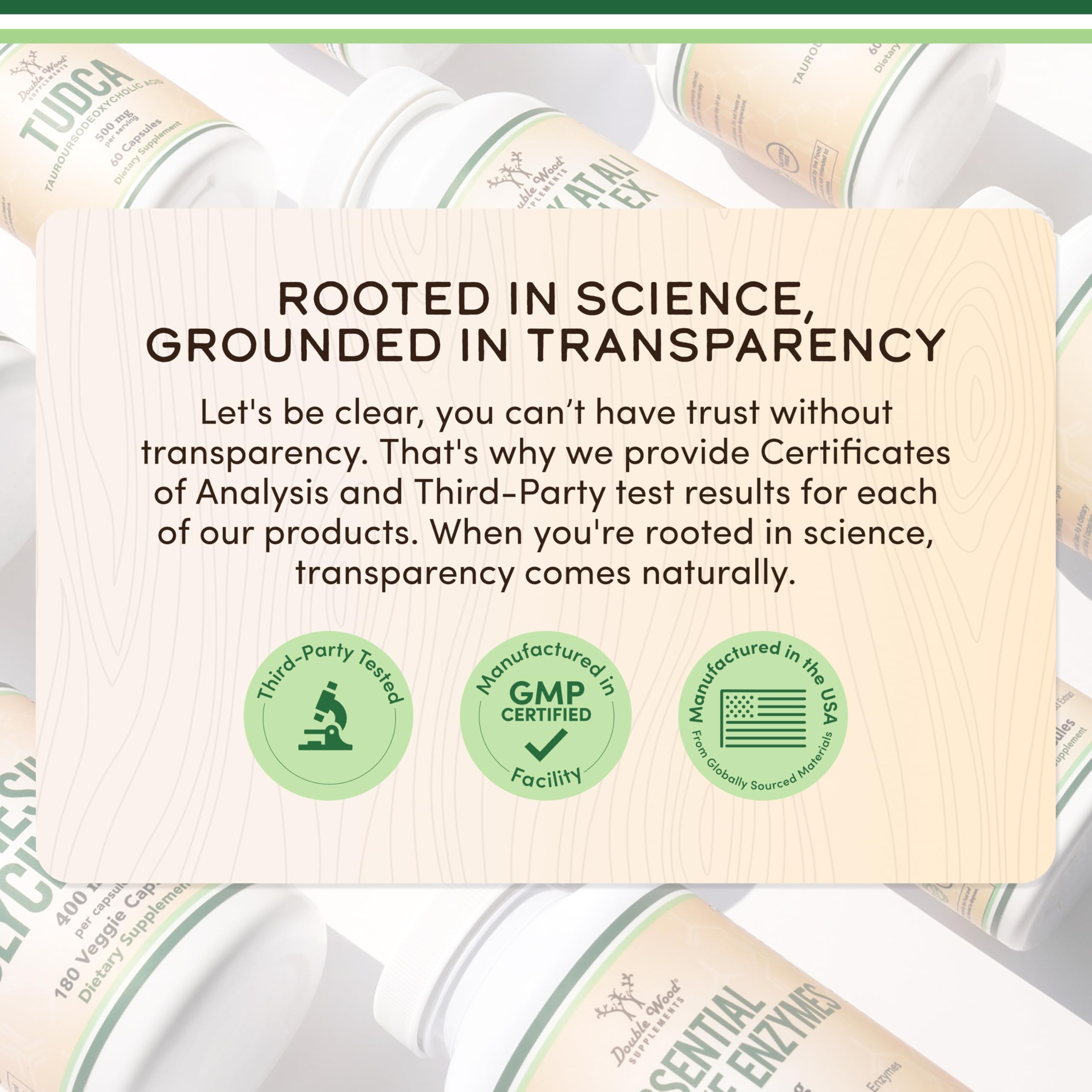 Double Wood Colostrum no fillers packaging highlights clean ingredient approach.