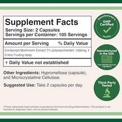 Double Wood Cordyceps bottle back label highlights 7% polysaccharides and full spectrum extract