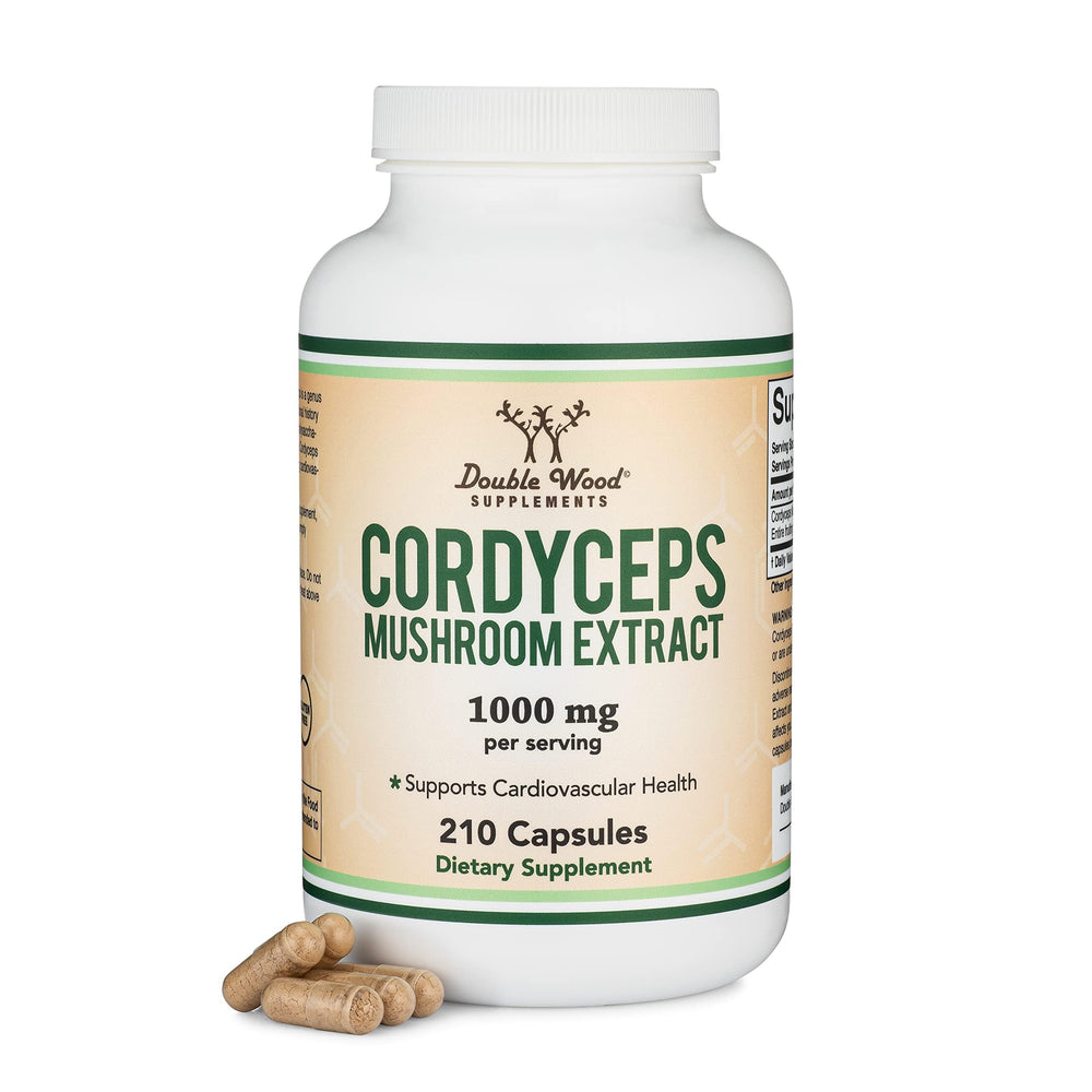 Double Wood Cordyceps capsules bottle front showing 1000 mg extract and capsule shape for daily use