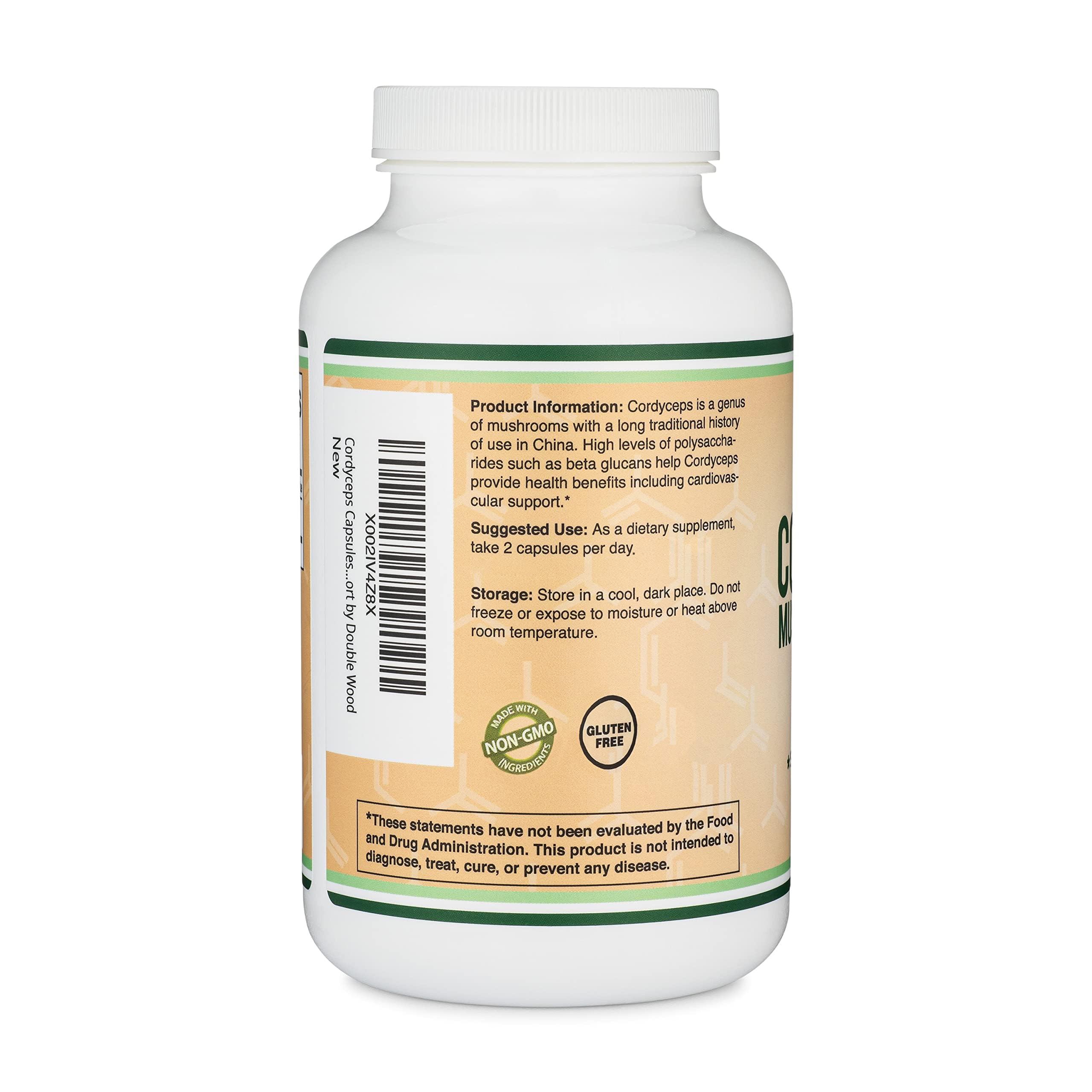 Close-up of Double Wood Cordyceps capsules illustrating 1000 mg potency