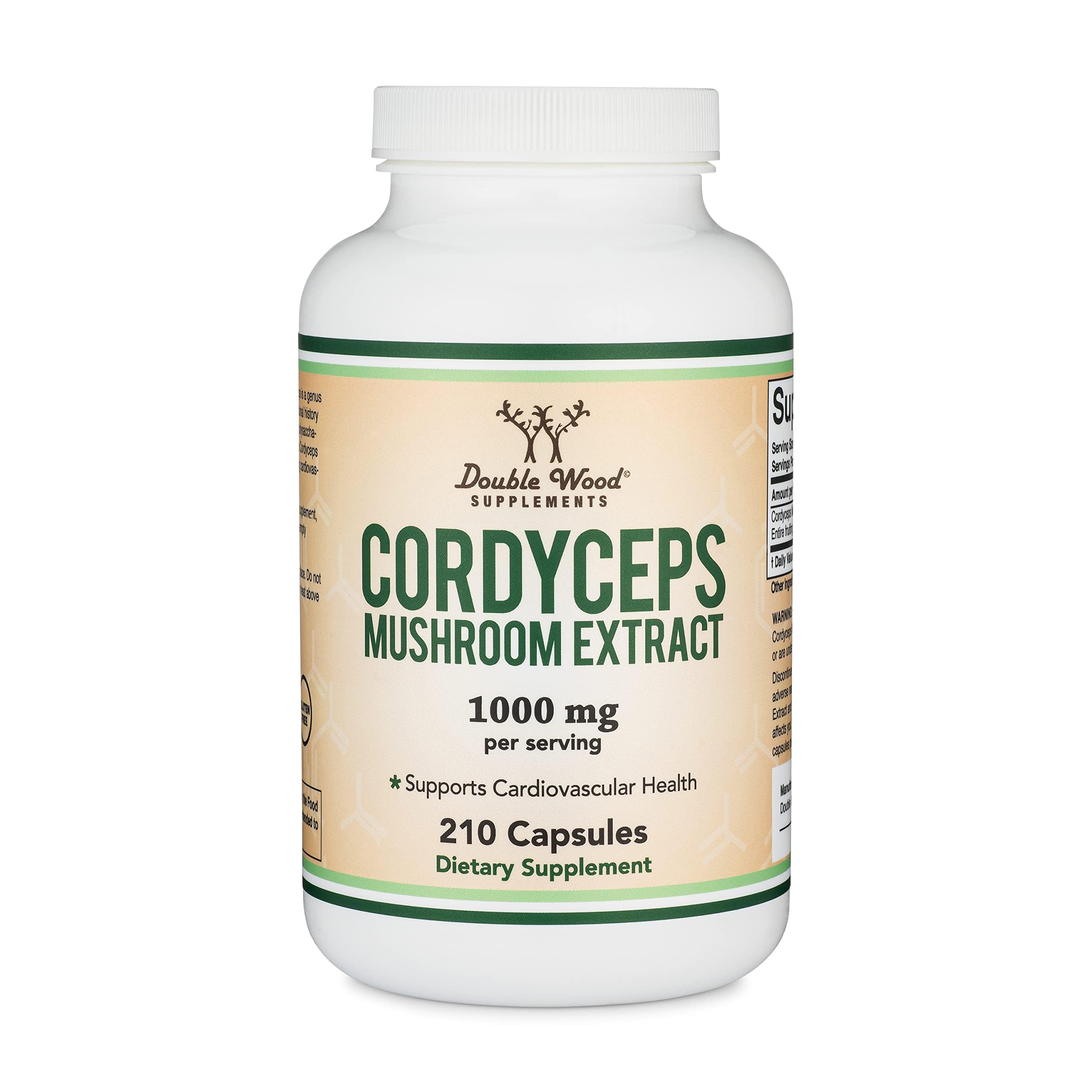 Double Wood Cordyceps capsules packaging box emphasizing full spectrum fruiting body and mycelium