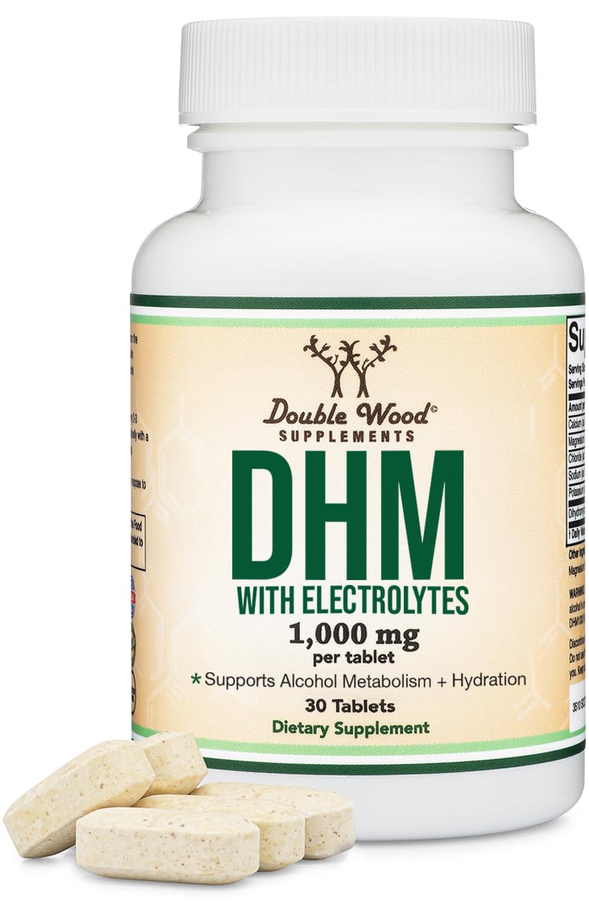 Double Wood DHM1000 tablets closeup showing 1,000 mg dosage for daily use.