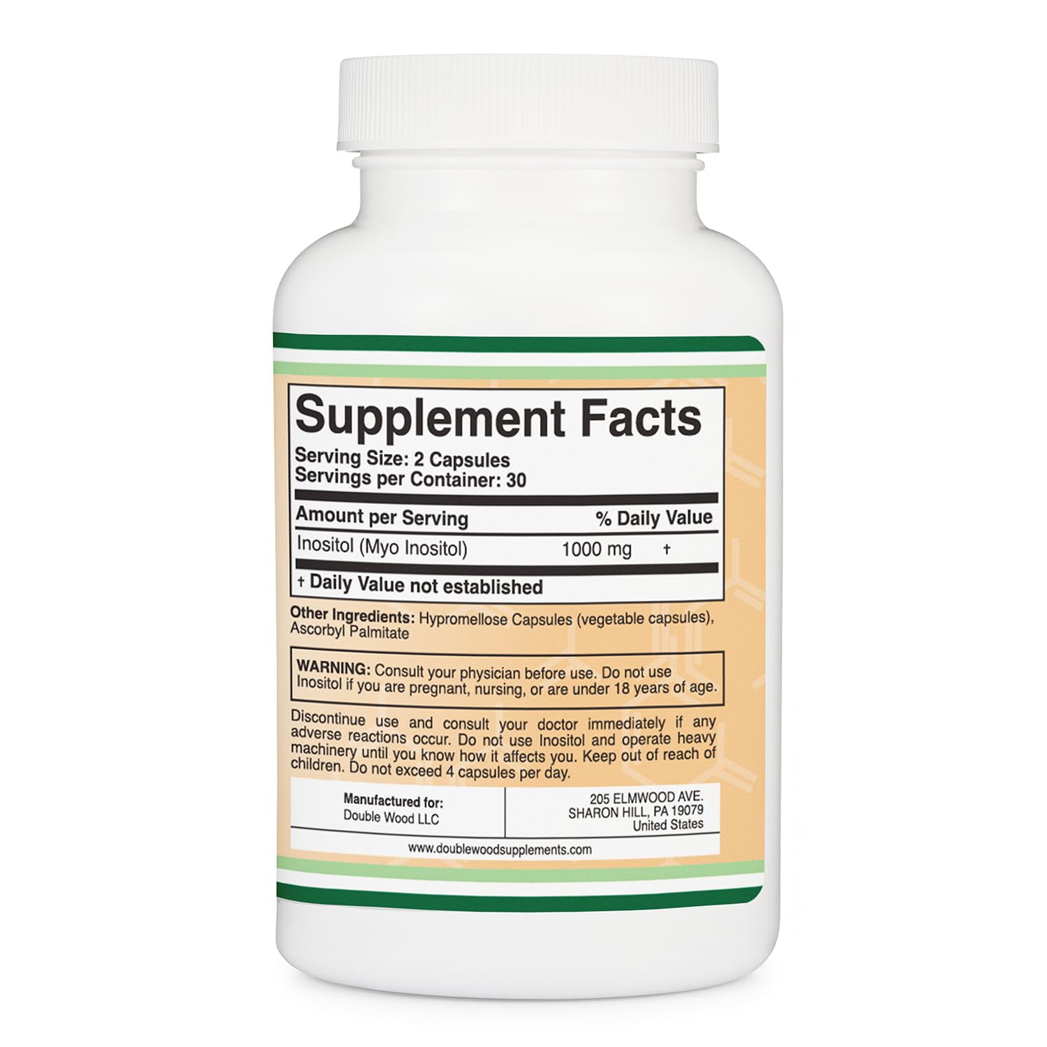 Double Wood Inositol 1000 mg capsules showcased with USA-made quality.