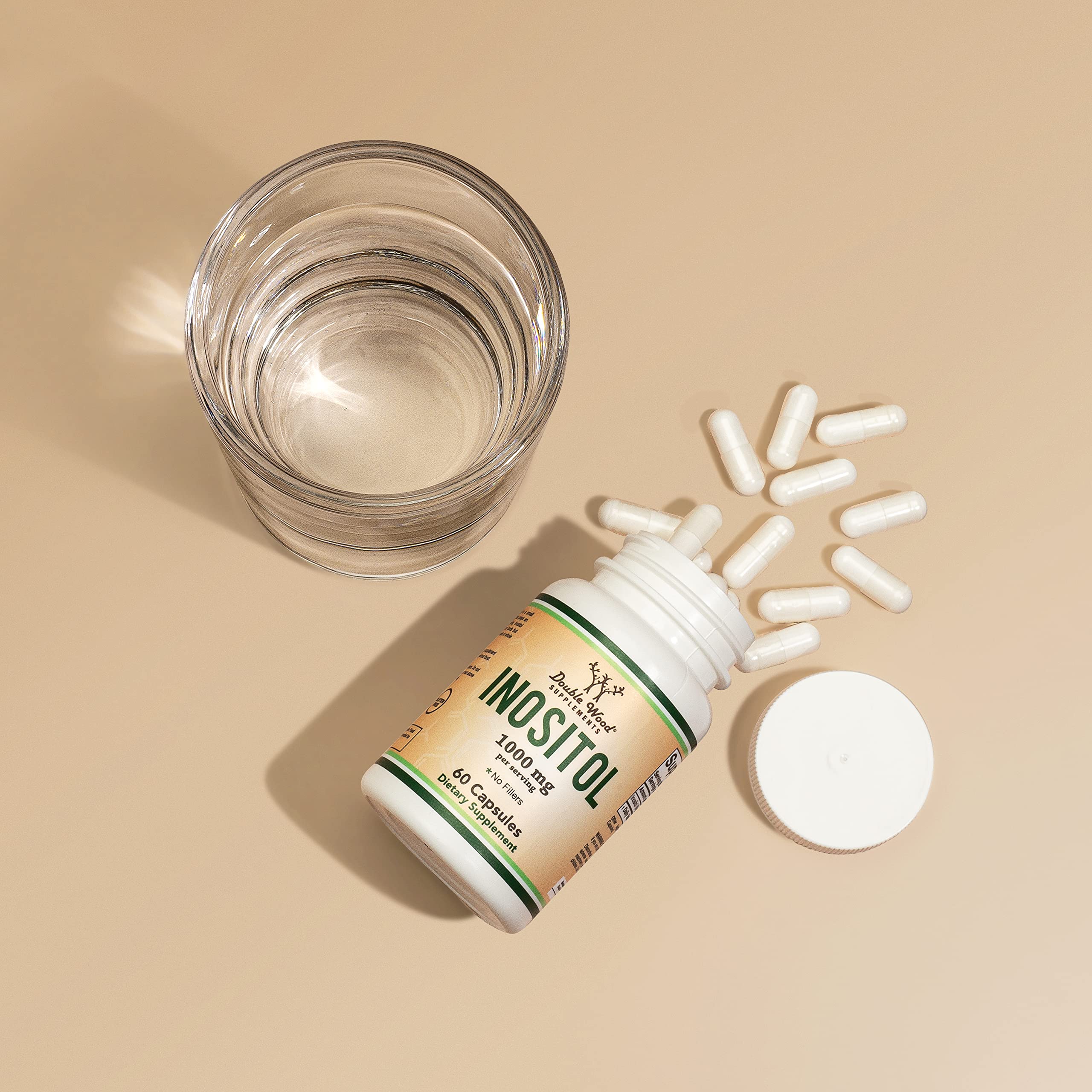 Double Wood Inositol 1000 mg gluten-free formula shown on clear label.