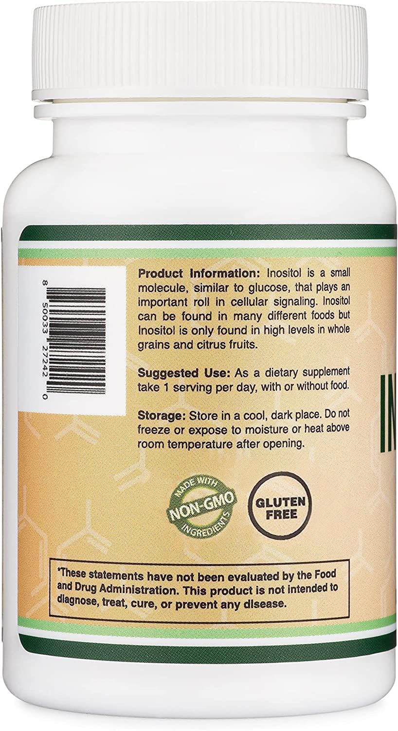 Double Wood Inositol 1000 mg capsules in veggie capsules for vegetarian safety.
