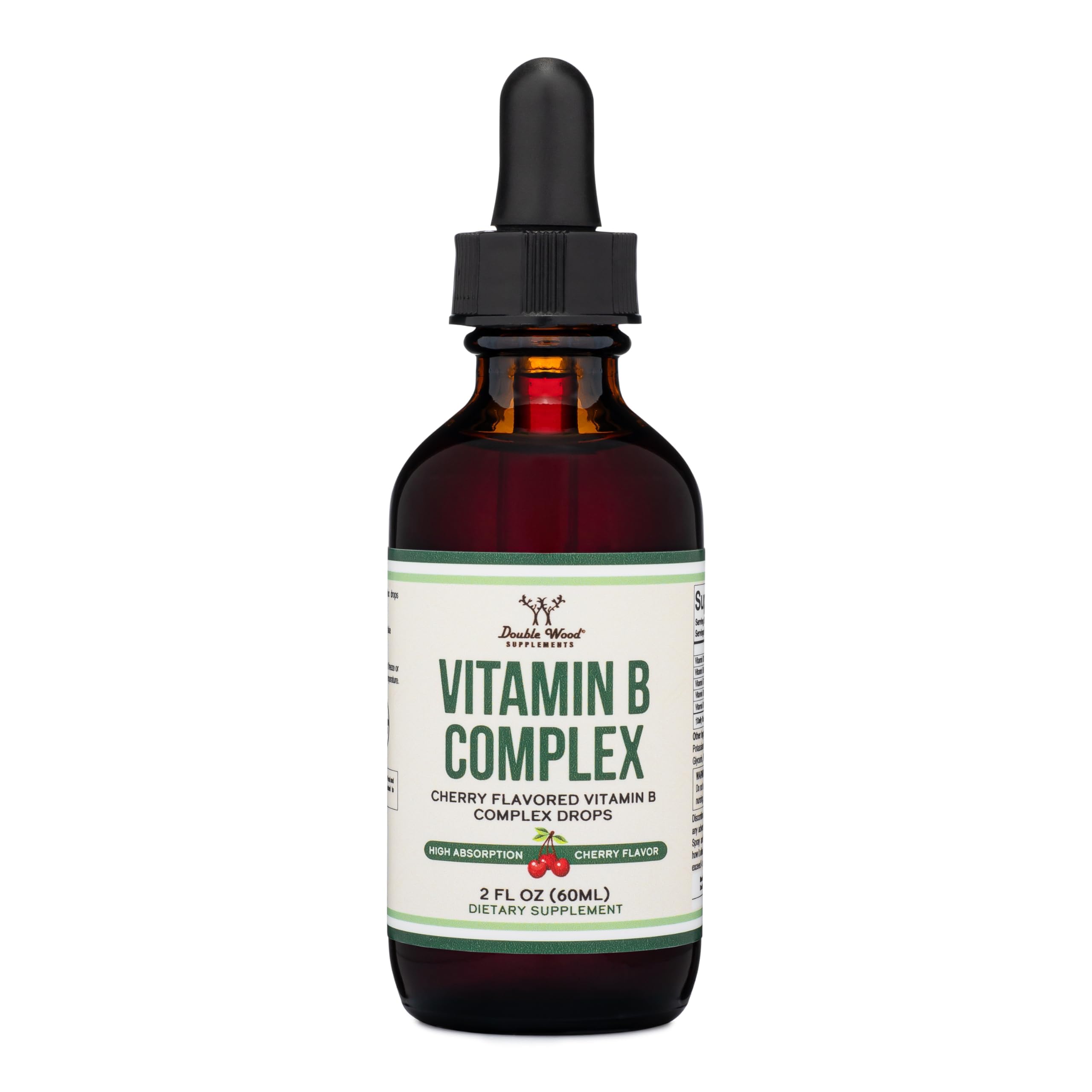 Double Wood Supplements liquid B complex bottle with cherry flavor supports energy metabolism.