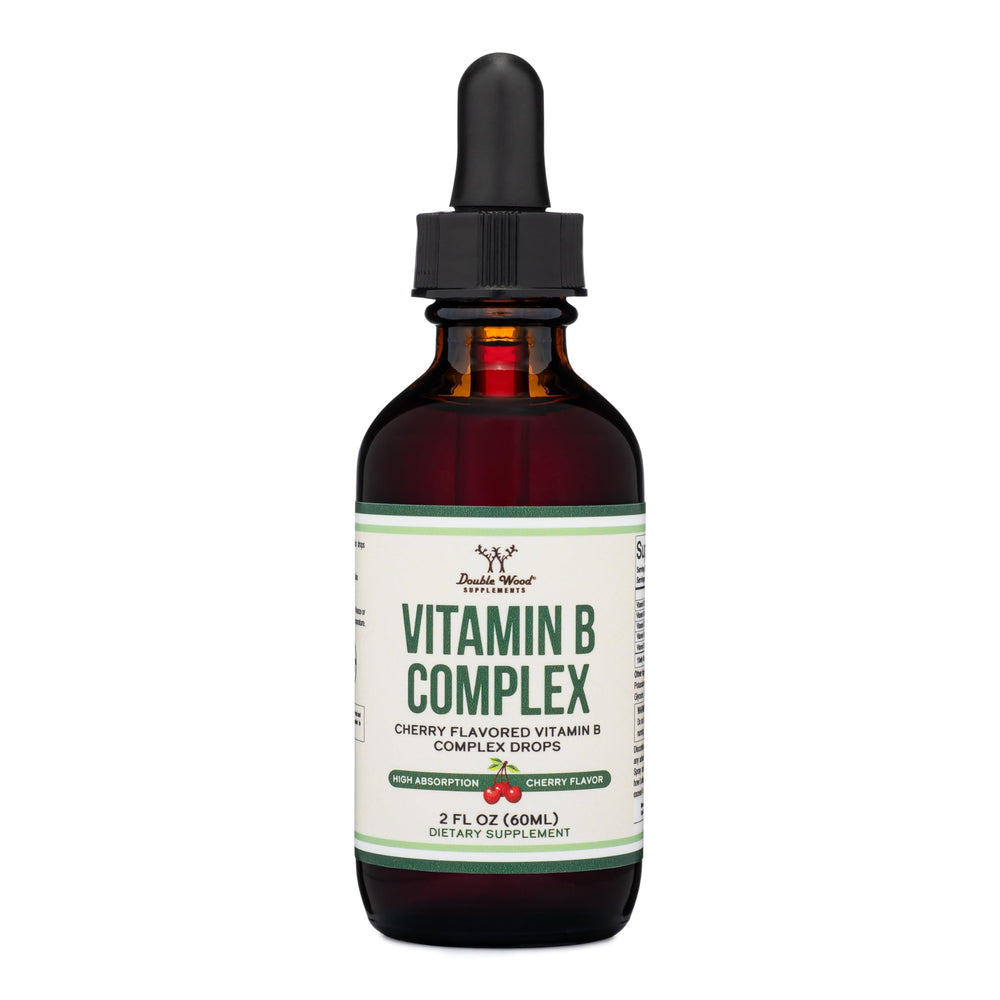 Double Wood Supplements liquid B complex bottle with cherry flavor supports energy metabolism.
