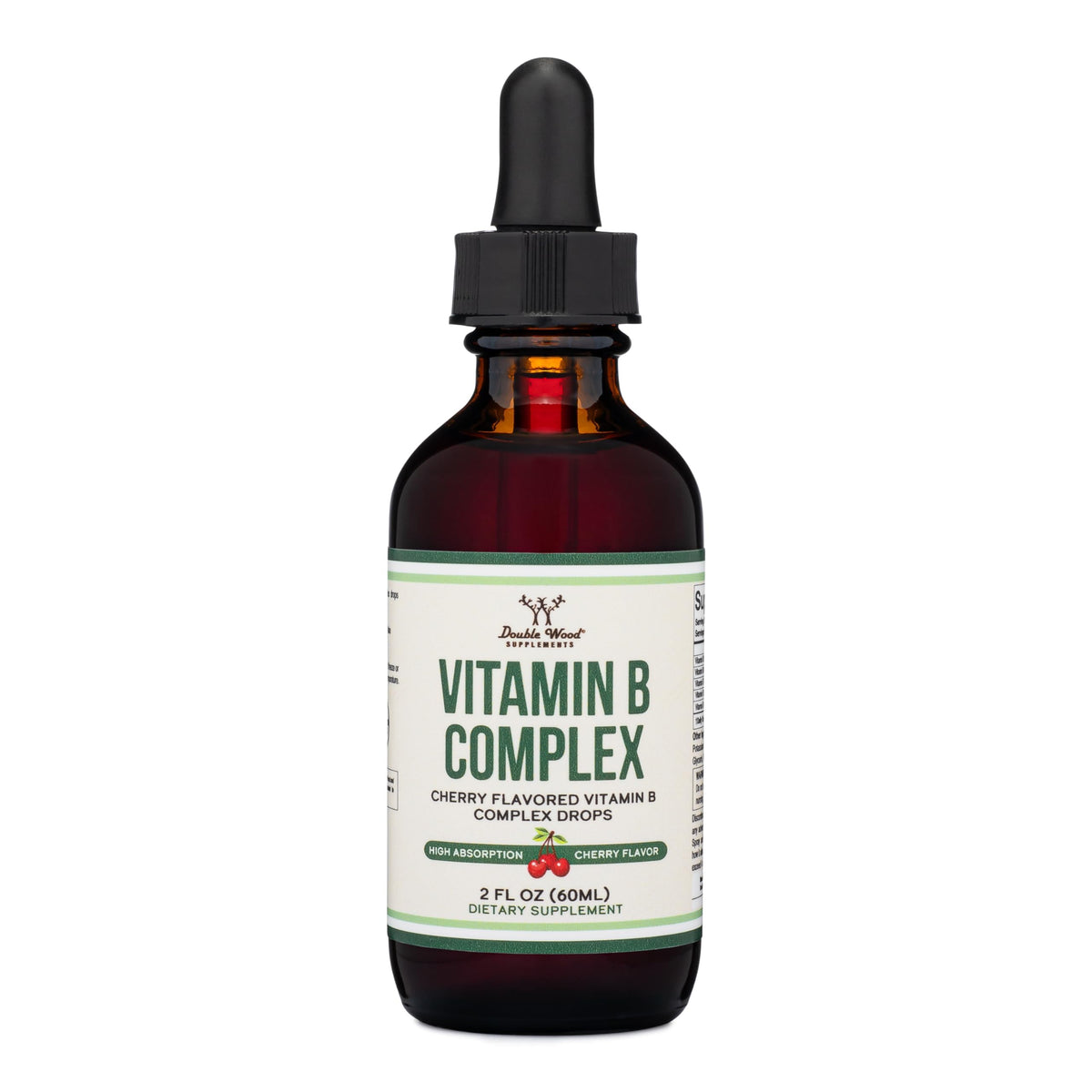 Double Wood Supplements liquid B complex bottle with cherry flavor supports energy metabolism.