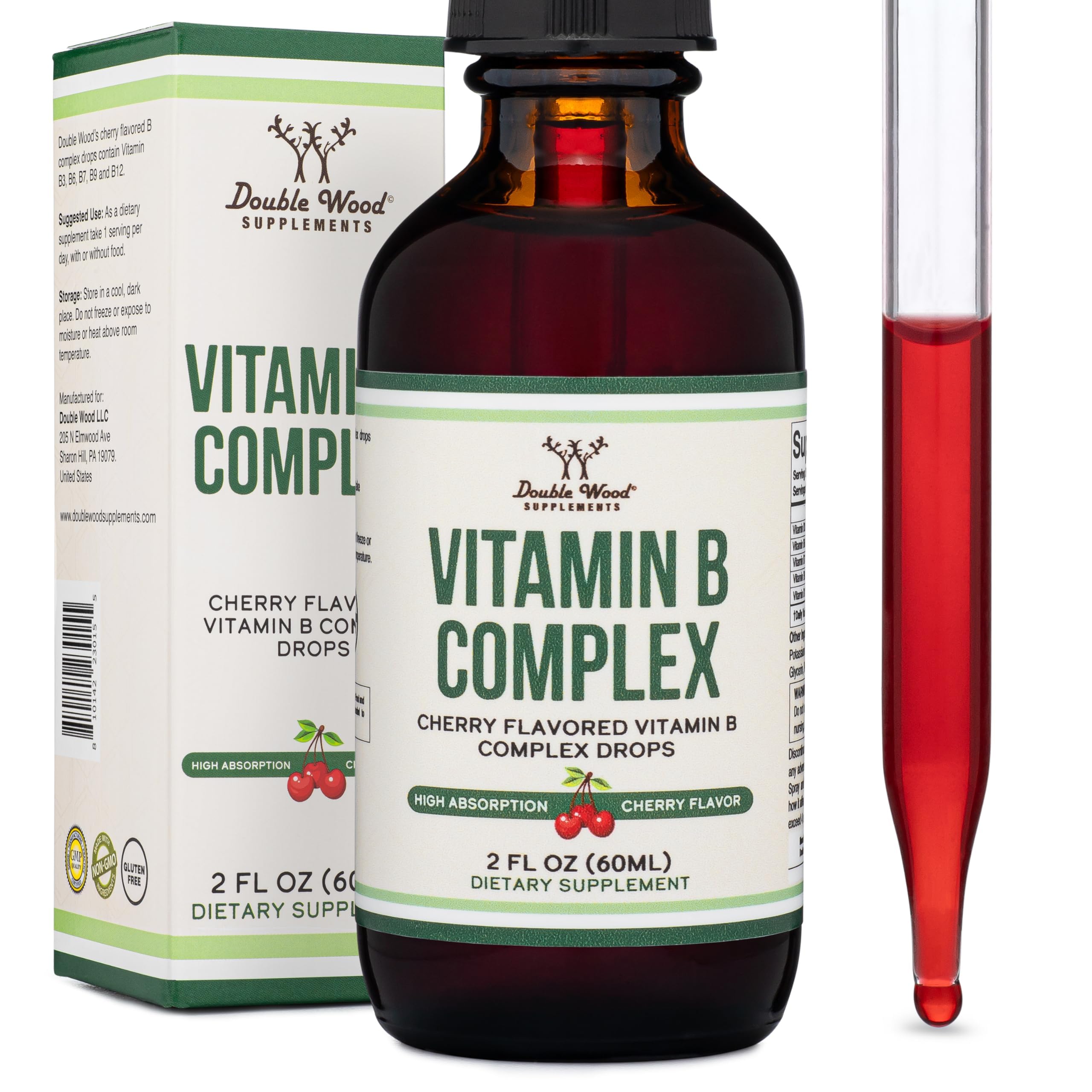 Close-up of Double Wood liquid B complex cherry flavor for convenient daily supplementation.