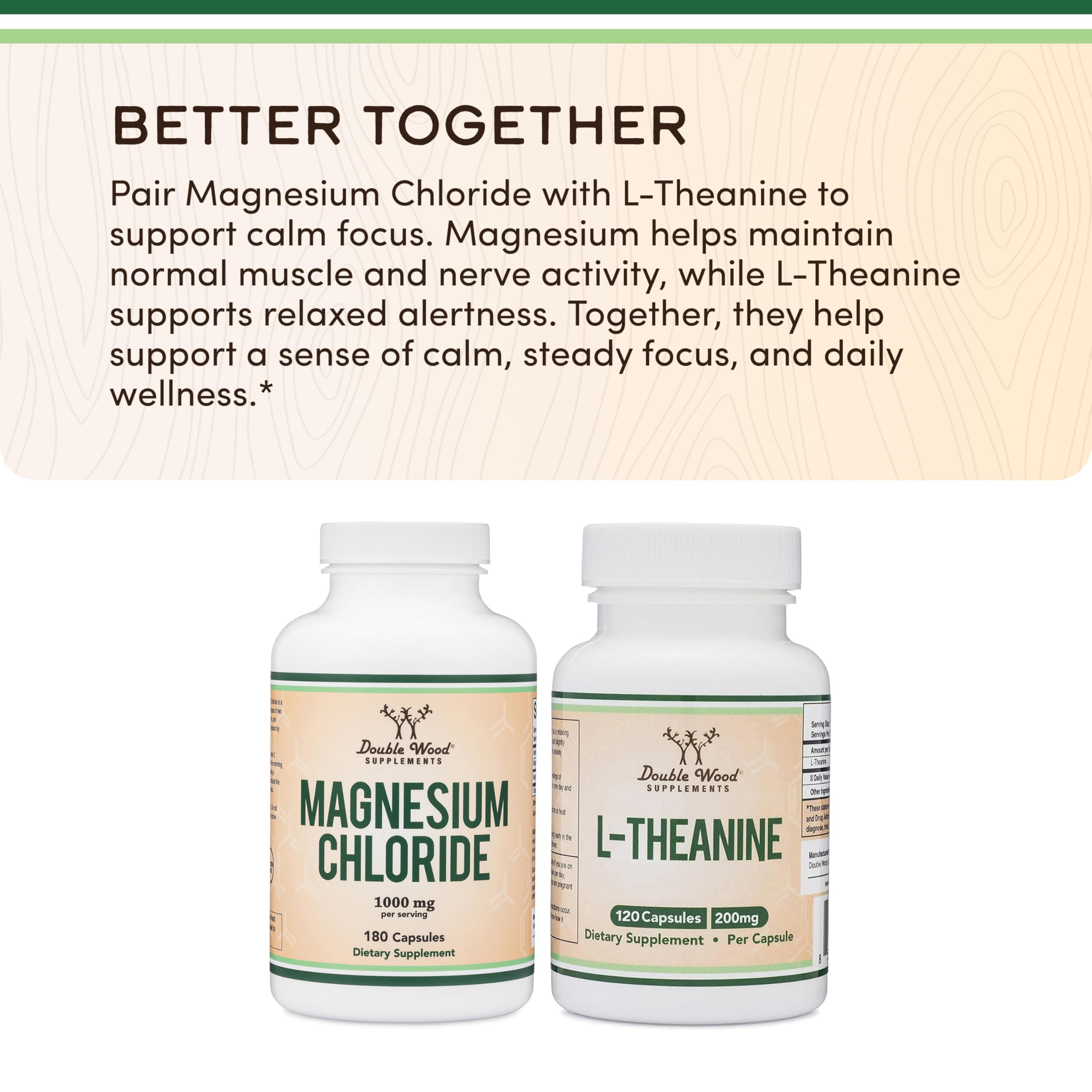Double Wood Magnesium Chloride label emphasizes non-GMO and gluten-free formulation.