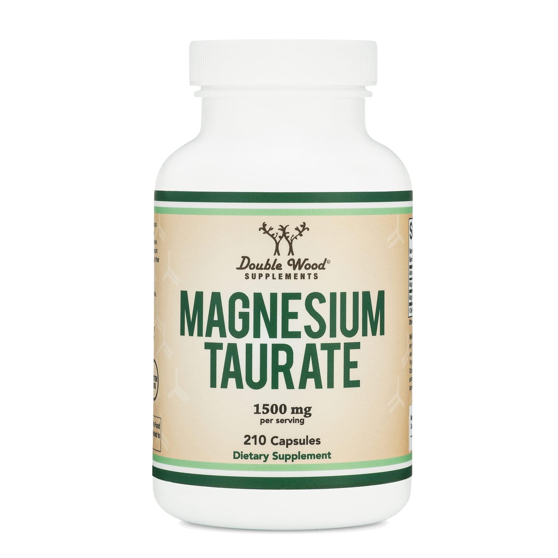 Double Wood Magnesium Taurate bottle showing 210 vegan capsules for daily support