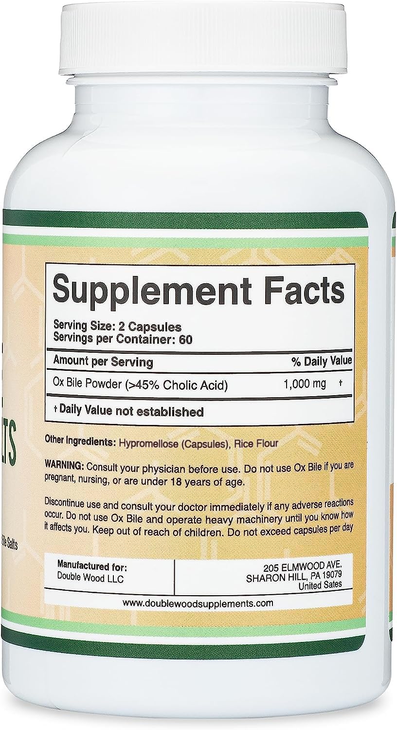 Double Wood Ox Bile 500 mg capsules close-up emphasizes quality ingredients