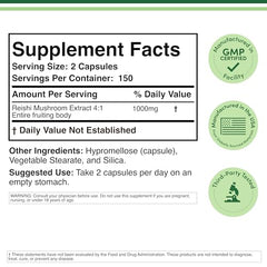 Double Wood Reishi capsules ready to take, offering 4:1 Ganoderma extract potency