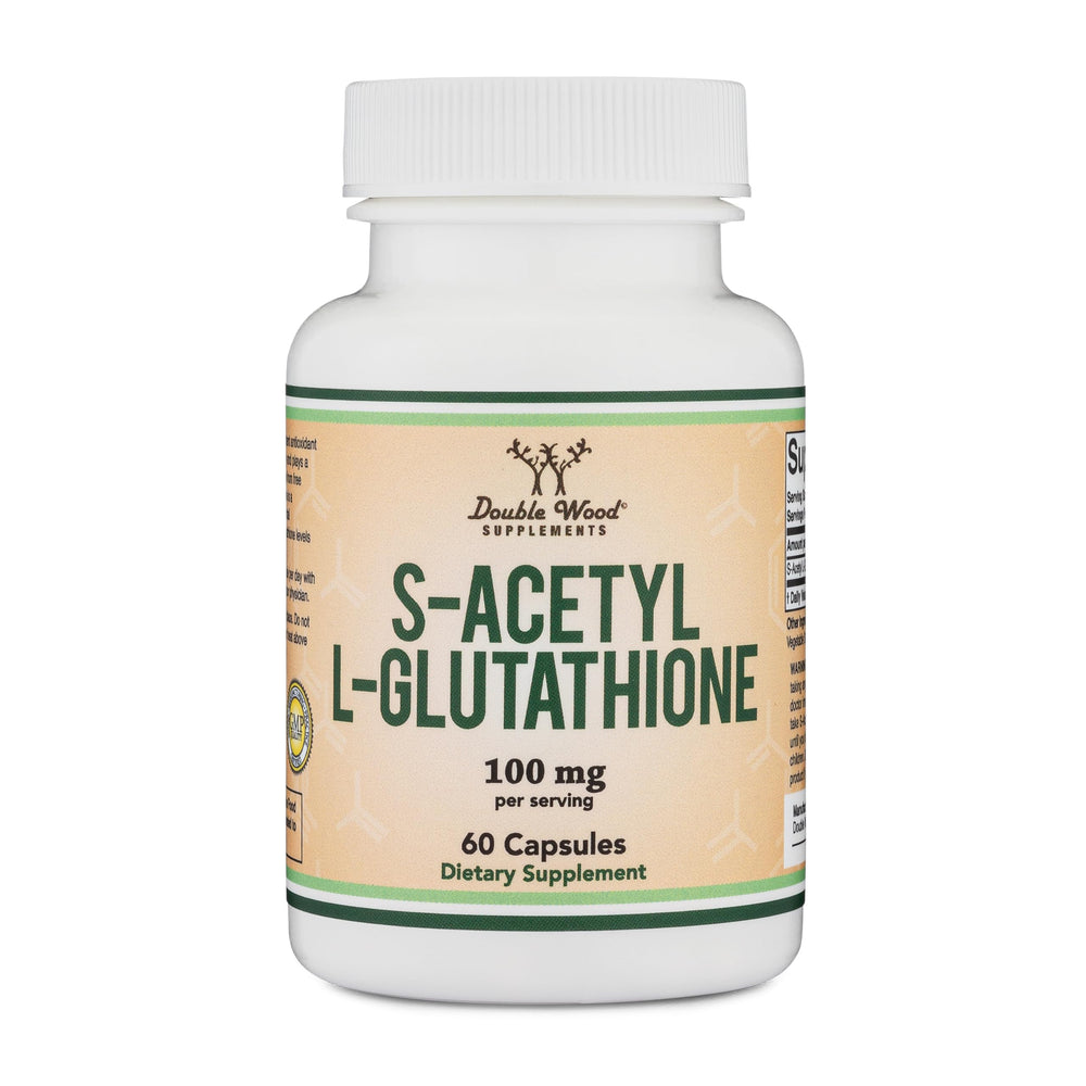 Double Wood S-Acetyl L-Glutathione bottle front, a premium antioxidant supplement for daily wellness.