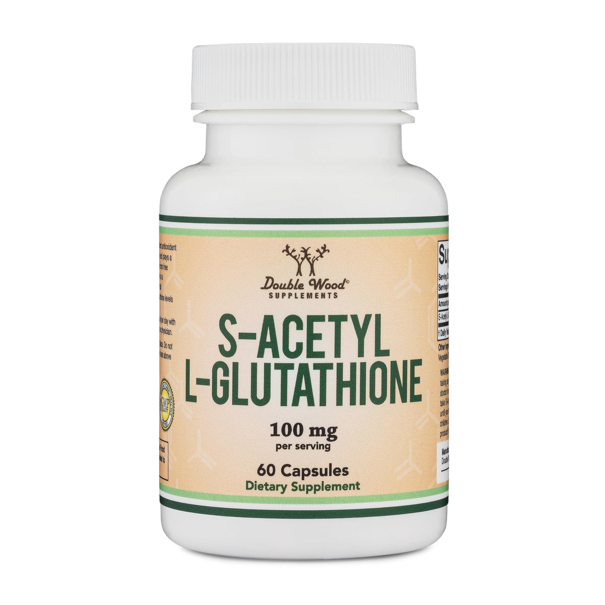 Double Wood S-Acetyl L-Glutathione bottle front, a premium antioxidant supplement for daily wellness.