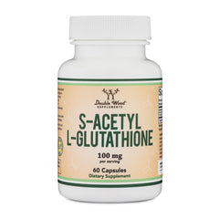 Double Wood S-Acetyl L-Glutathione bottle front, a premium antioxidant supplement for daily wellness.