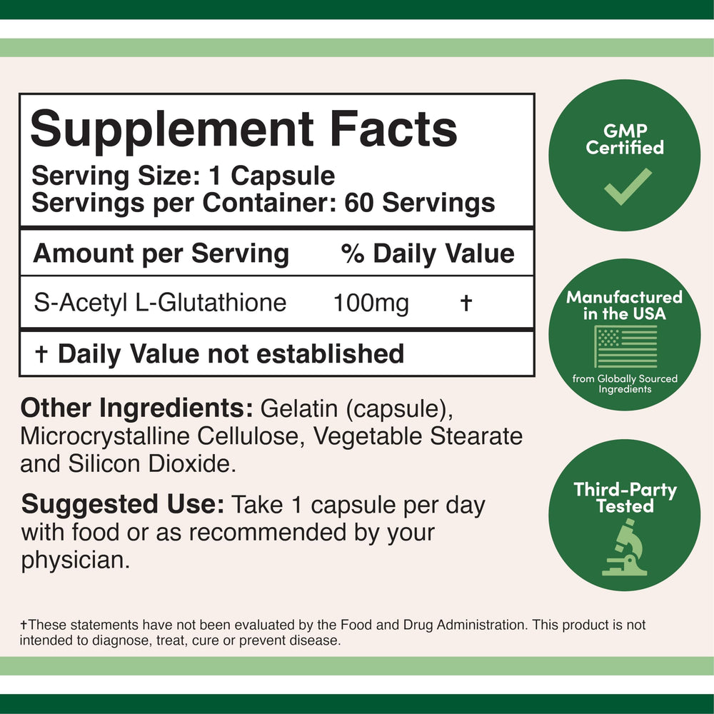 Double Wood S-Acetyl L-Glutathione capsules closeup, highlighting 100mg potency for daily antioxidant support.