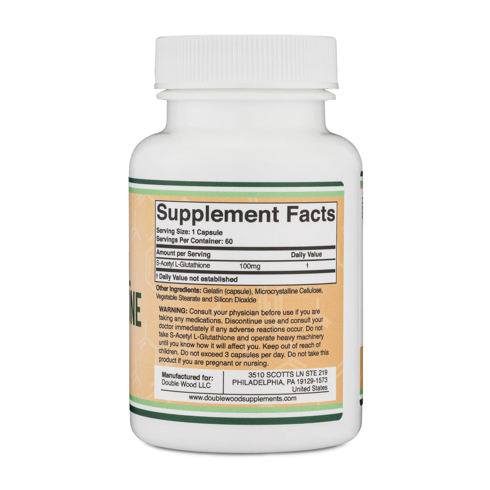 Double Wood S-Acetyl L-Glutathione label closeup, showcasing Non-GMO and gluten-free formulation.