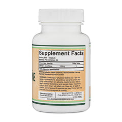 Double Wood S-Acetyl L-Glutathione label closeup, showcasing Non-GMO and gluten-free formulation.