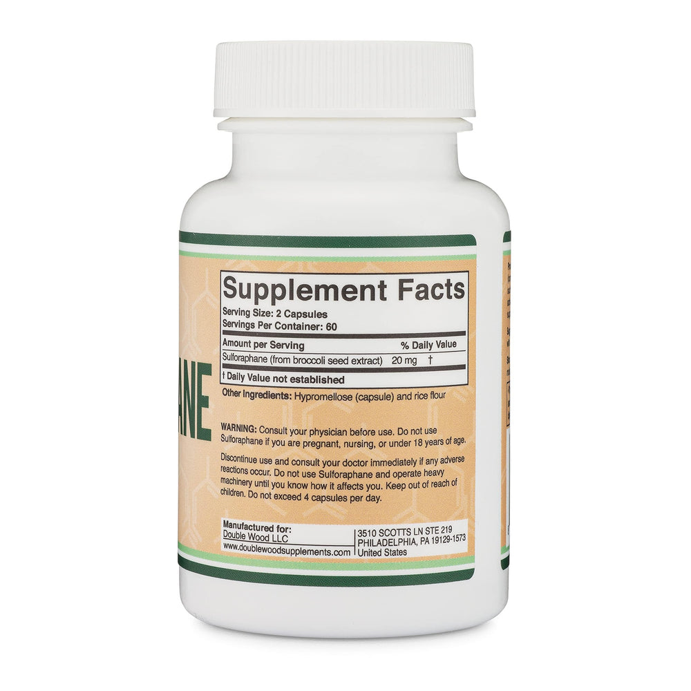 Double Wood Sulforaphane capsules visible in bottle for vegan daily use