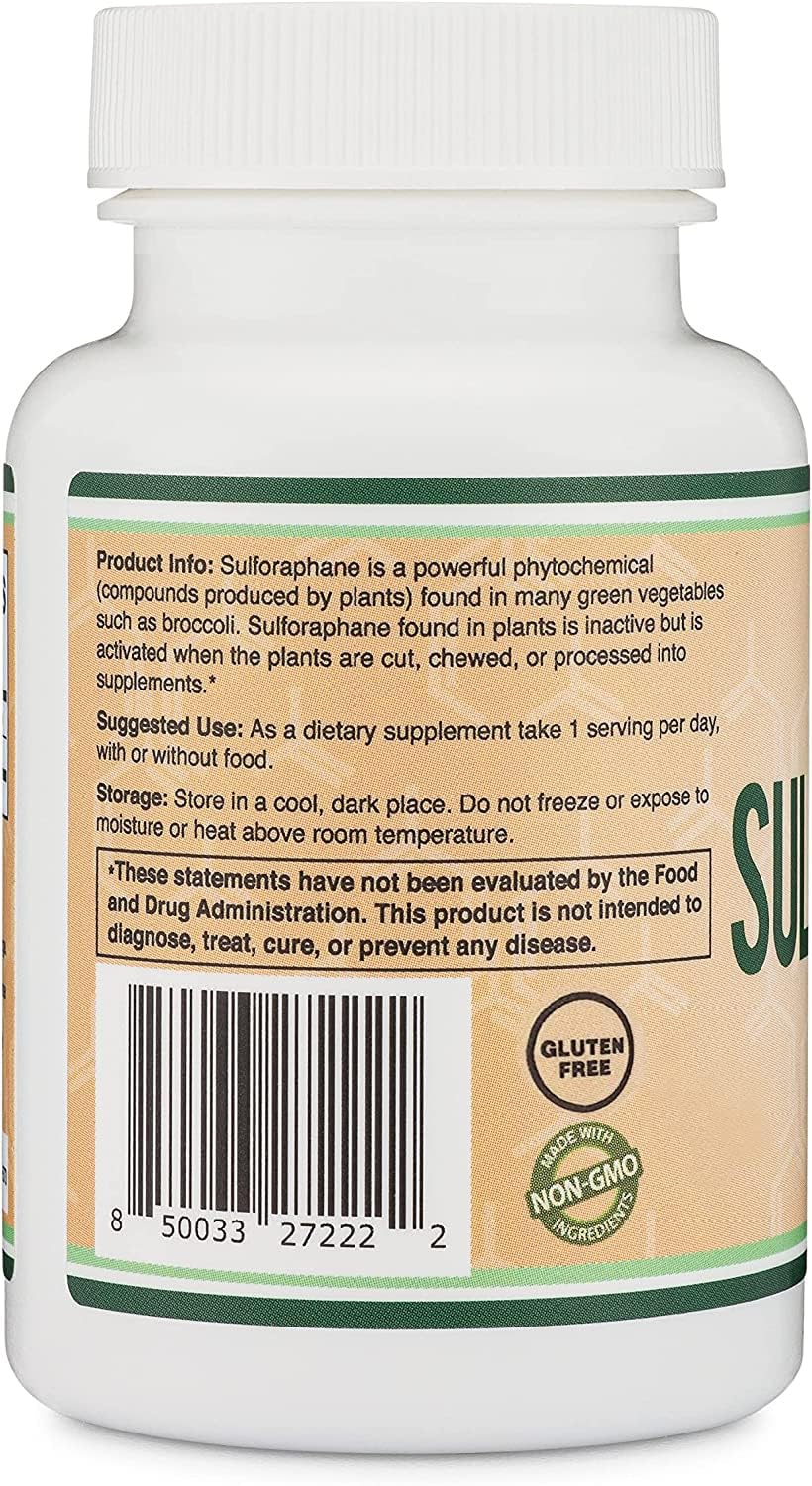 Double Wood Sulforaphane packaging highlighting vegan-safe formulation