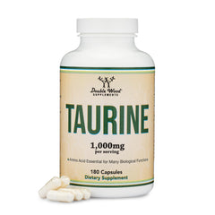 Double Wood Taurine bottle with capsules promotes convenient daily supplementation for everyday energy.