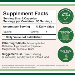 Double Wood Taurine capsules close-up shows vegan, gluten-free, non-GMO quality for sensitive diets.
