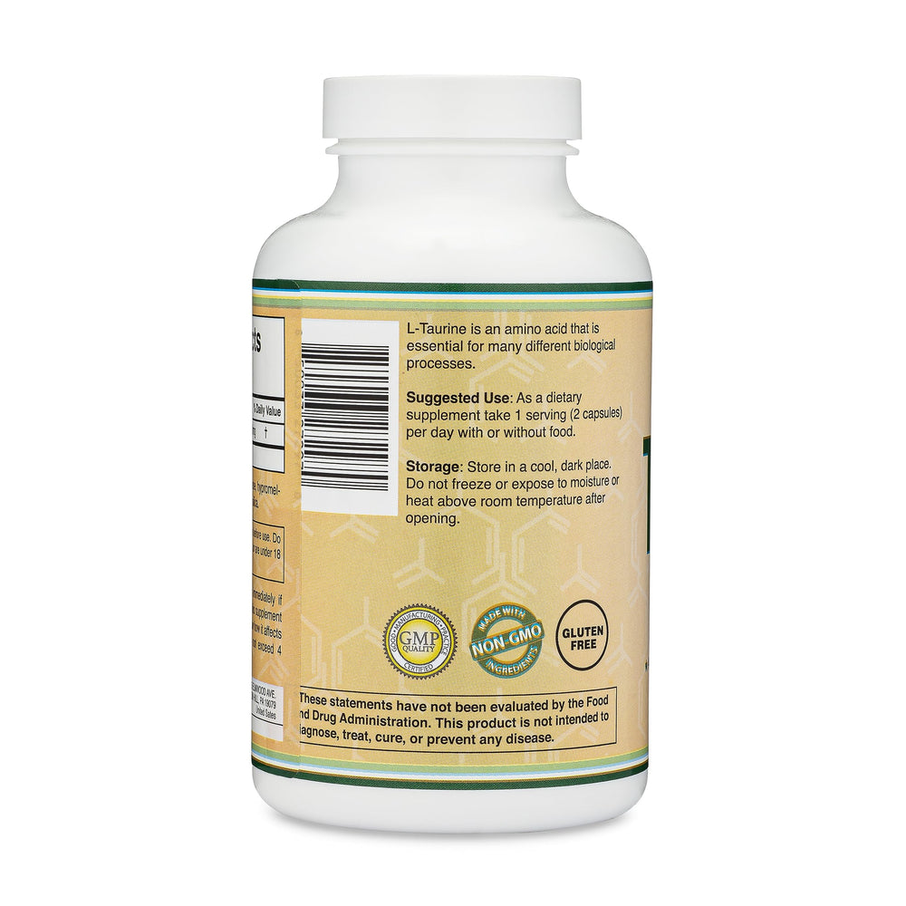 Double Wood Taurine label close-up emphasizes USA-made, third-party tested origins.