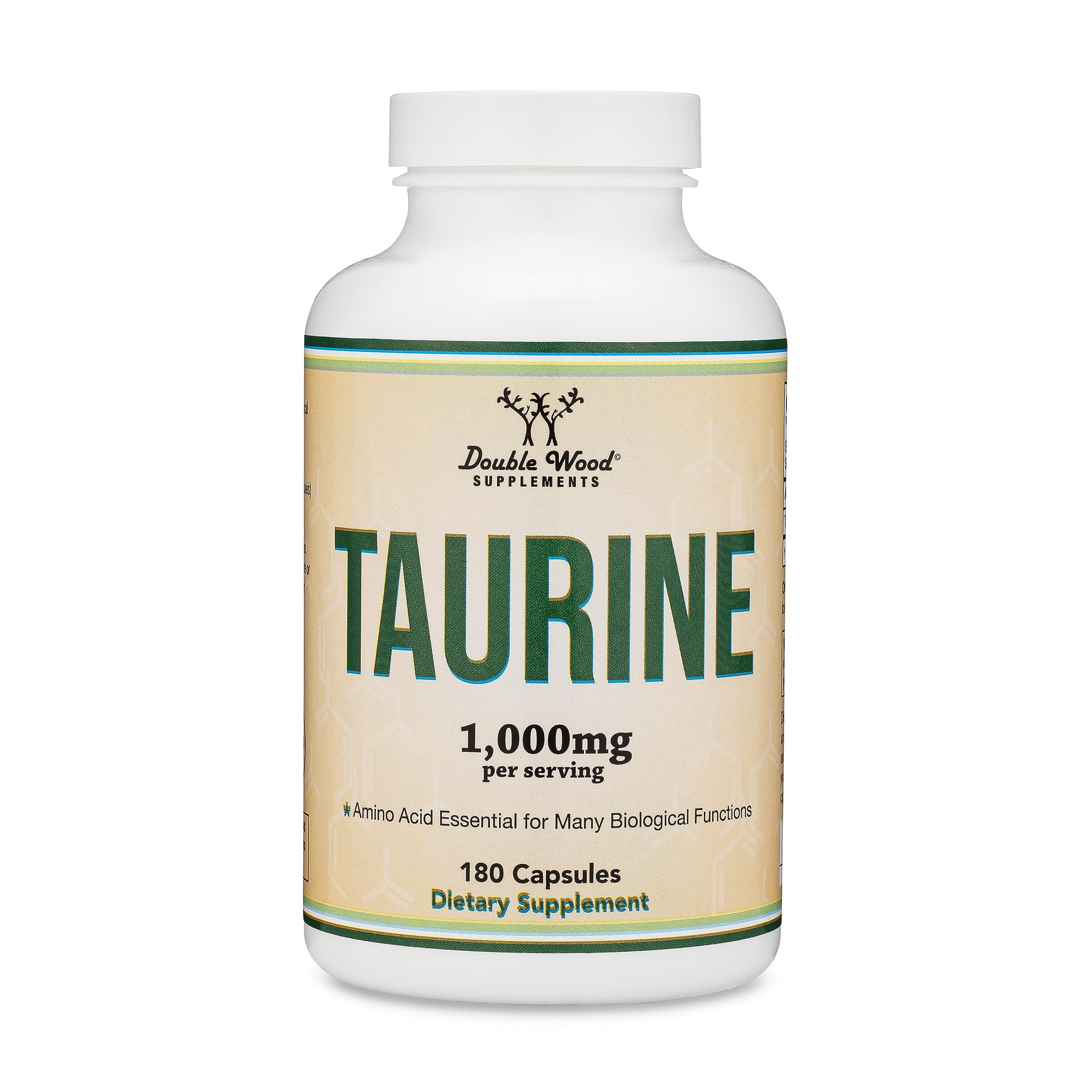 Double Wood Taurine morning routine shot with capsules and a glass of water.