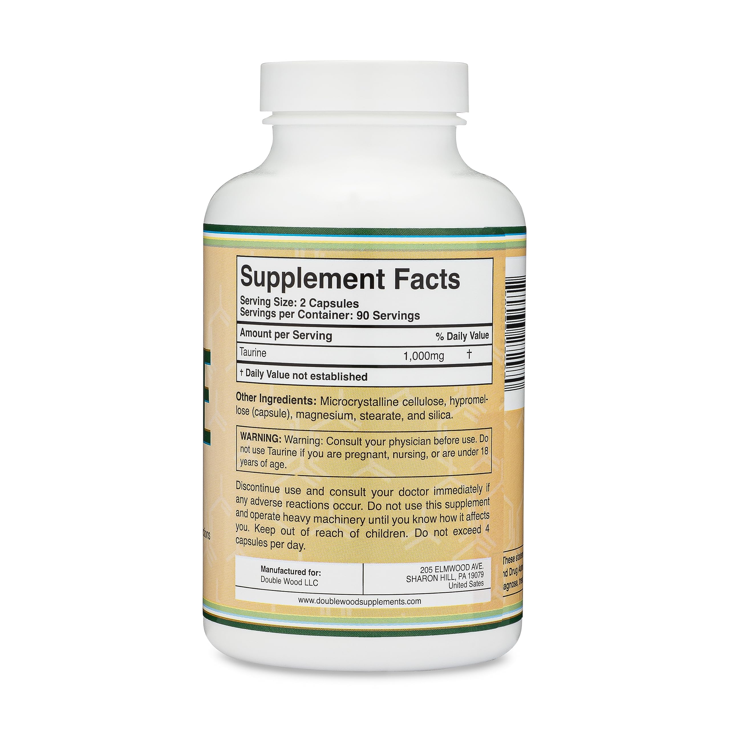 Double Wood Taurine serving-size graphic highlights 1,000 mg per serving and 180 capsules.
