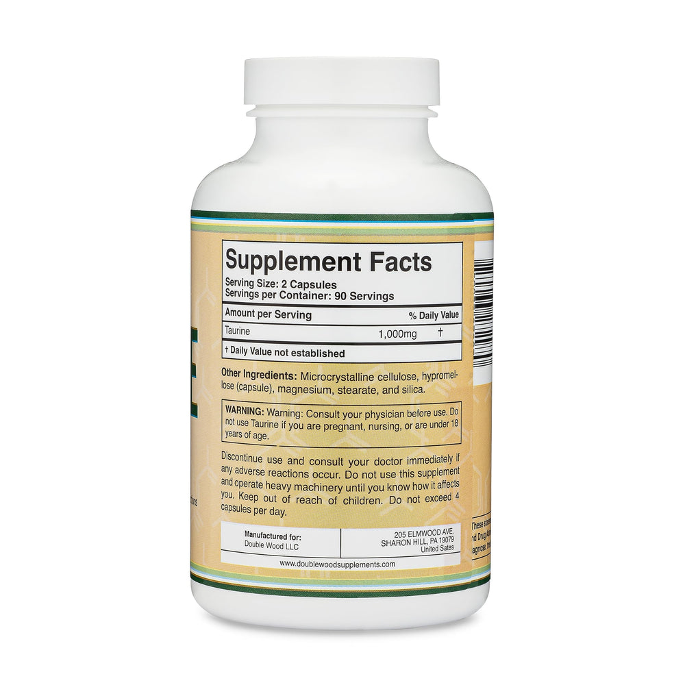 Double Wood Taurine serving-size graphic highlights 1,000 mg per serving and 180 capsules.