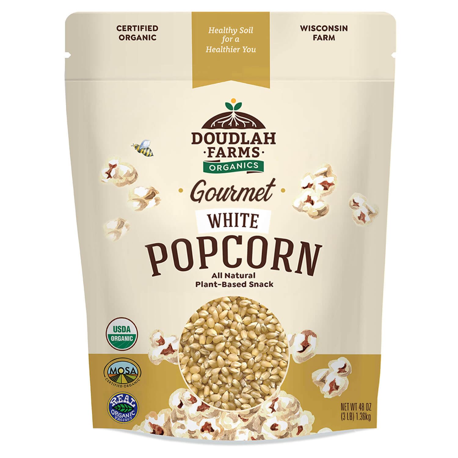 Doudlah Farms organic white popcorn kernels 3 lb bag for wholesome snacking