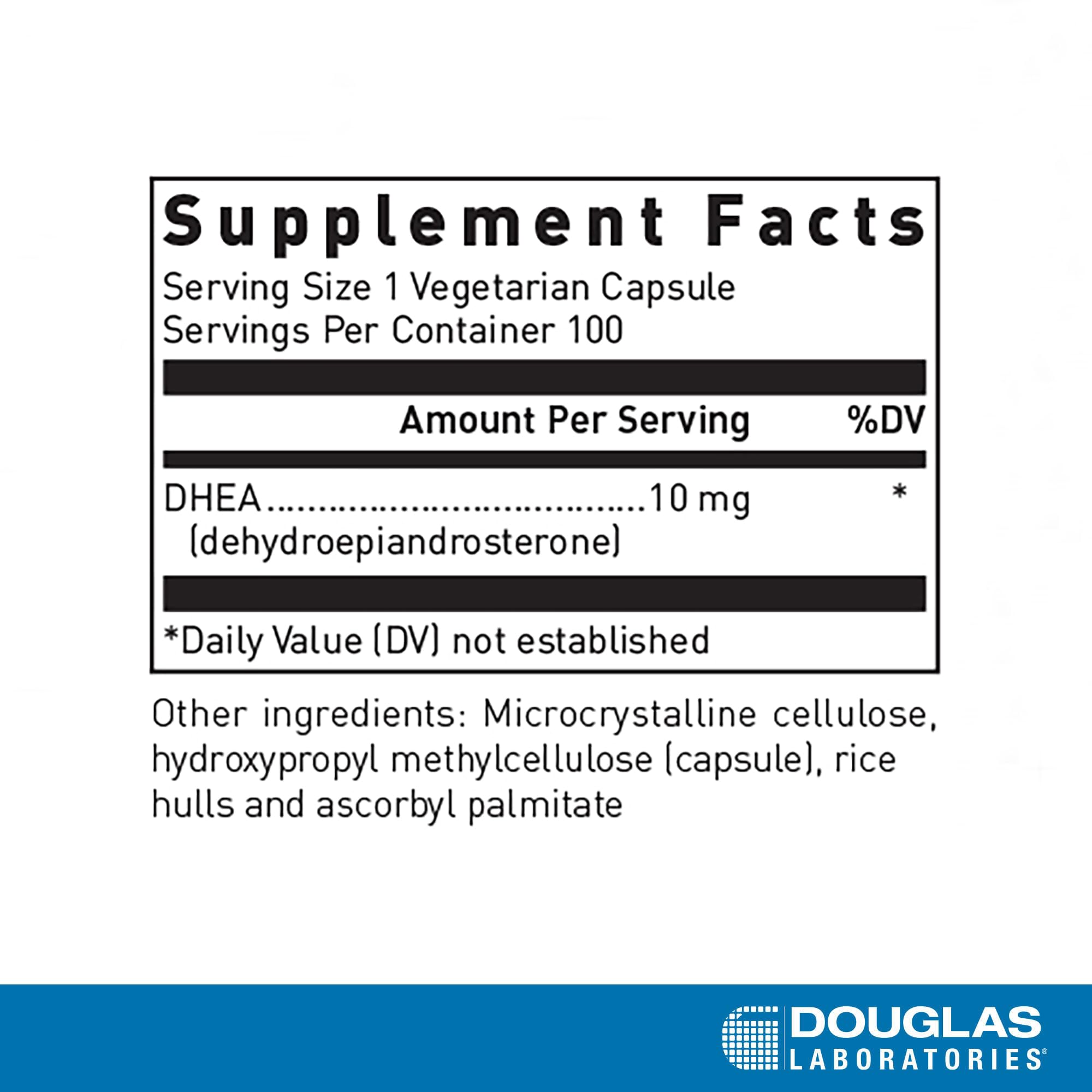 Close-up of Douglas Laboratories DHEA 10 mg capsules showing capsule texture and size.
