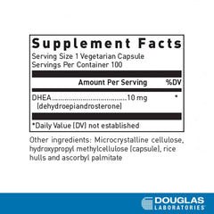 Close-up of Douglas Laboratories DHEA 10 mg capsules showing capsule texture and size.