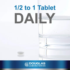 Close-up of Douglas Laboratories DHEA 5 mg tablet highlighting non-GMO formulation.