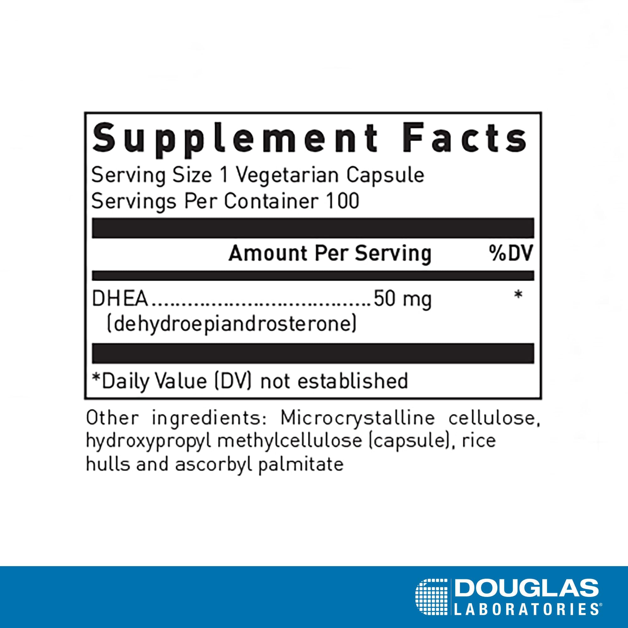 Douglas Laboratories DHEA 50 mg capsules bottle label shows non-GMO and vegetarian