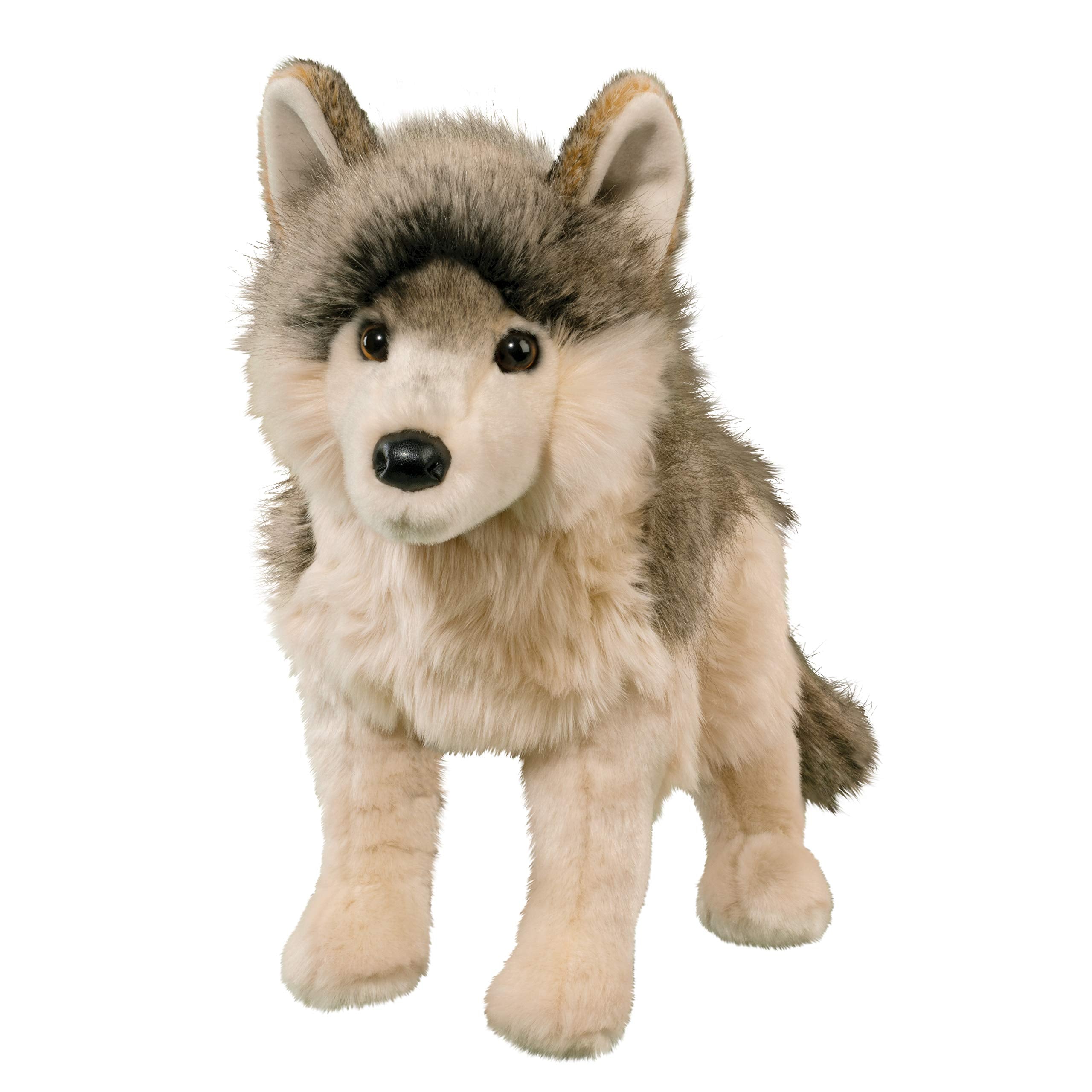 Douglas Smoke Wolf plush with bright-eyed face and soft leatherette nose realism
