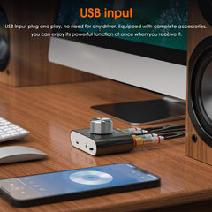 Douk Audio Nobsound Mini Bluetooth 5.0 amplifier on desk setup for easy listening