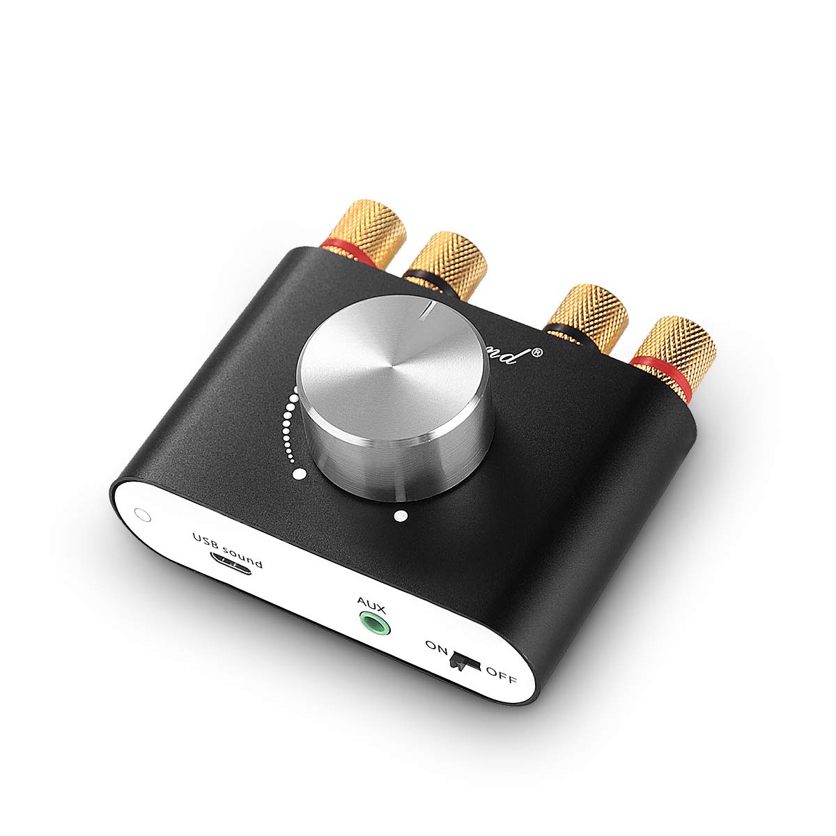 Douk Audio Nobsound Mini Bluetooth 5.0 amplifier front view showing compact desktop powerhouse
