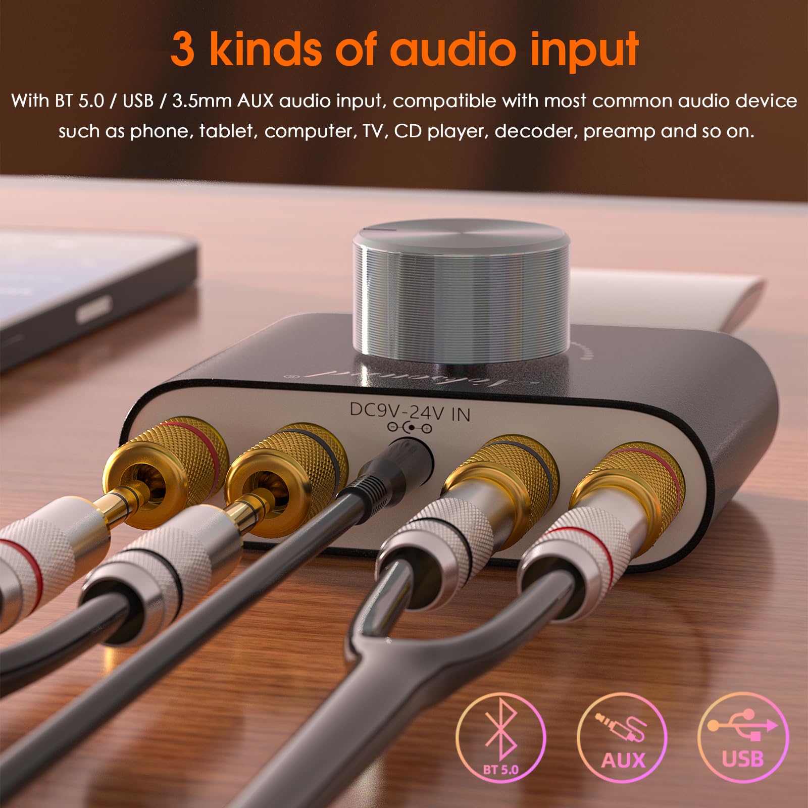 Douk Audio Nobsound Mini Bluetooth 5.0 amplifier rear ports for versatile connections