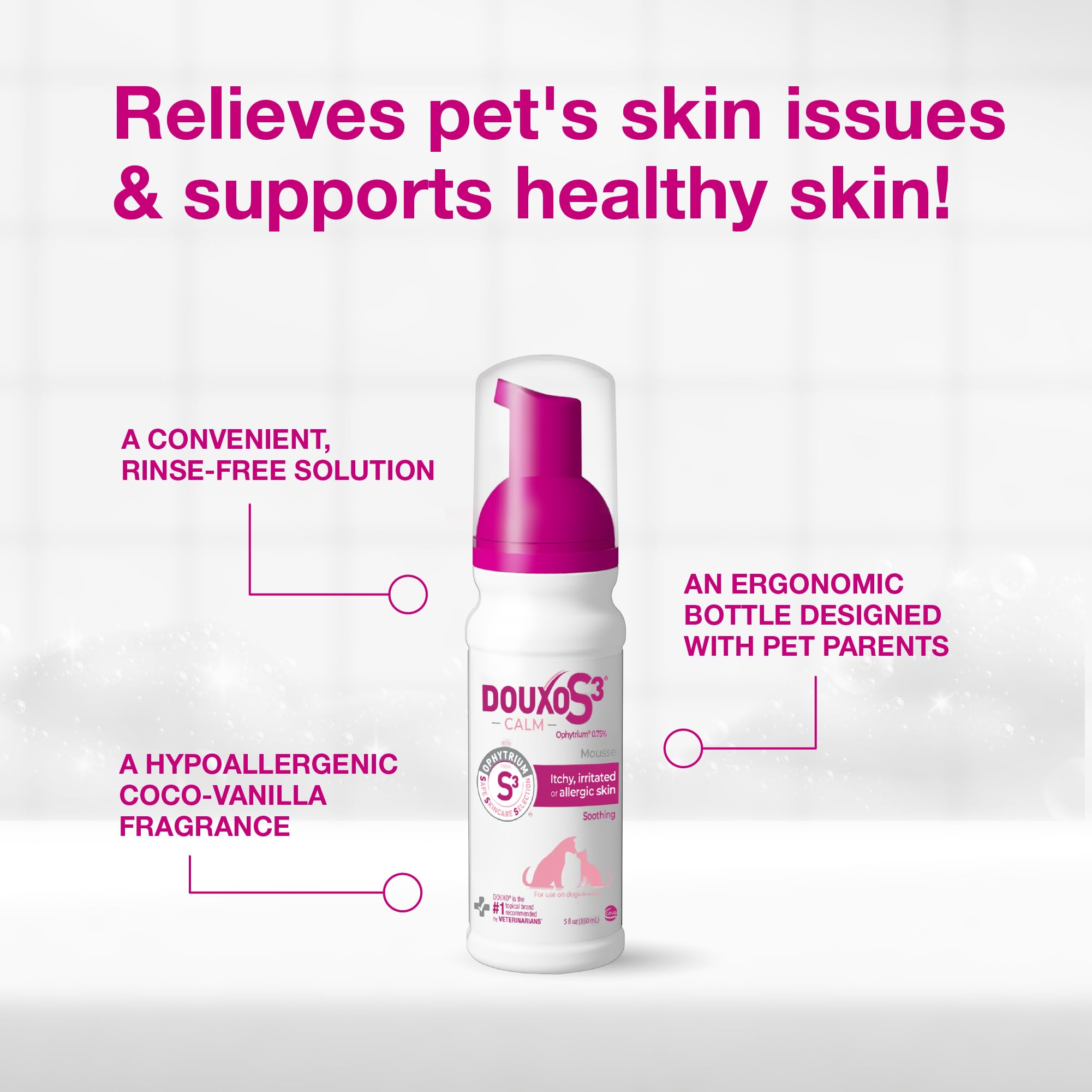 Douxo S3 Calm Mousse on cat coat for gentle care.