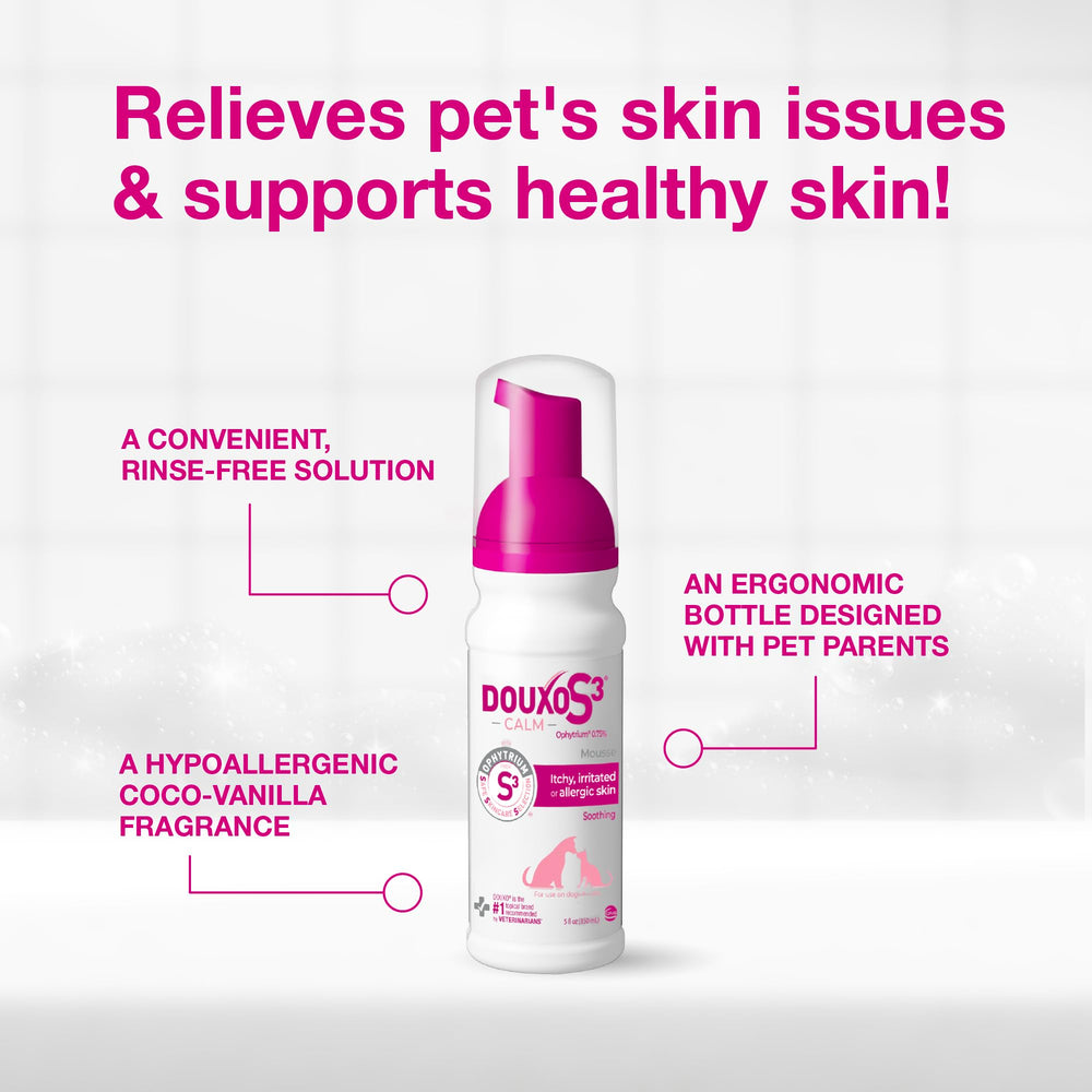 Douxo S3 Calm Mousse on cat coat for gentle care.